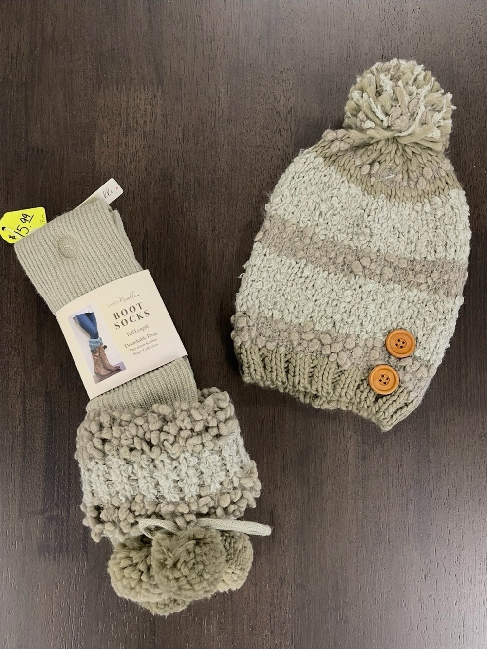 Simply Noelle Olive Green Knit Pom Pom Beanie & Boot Socks Set